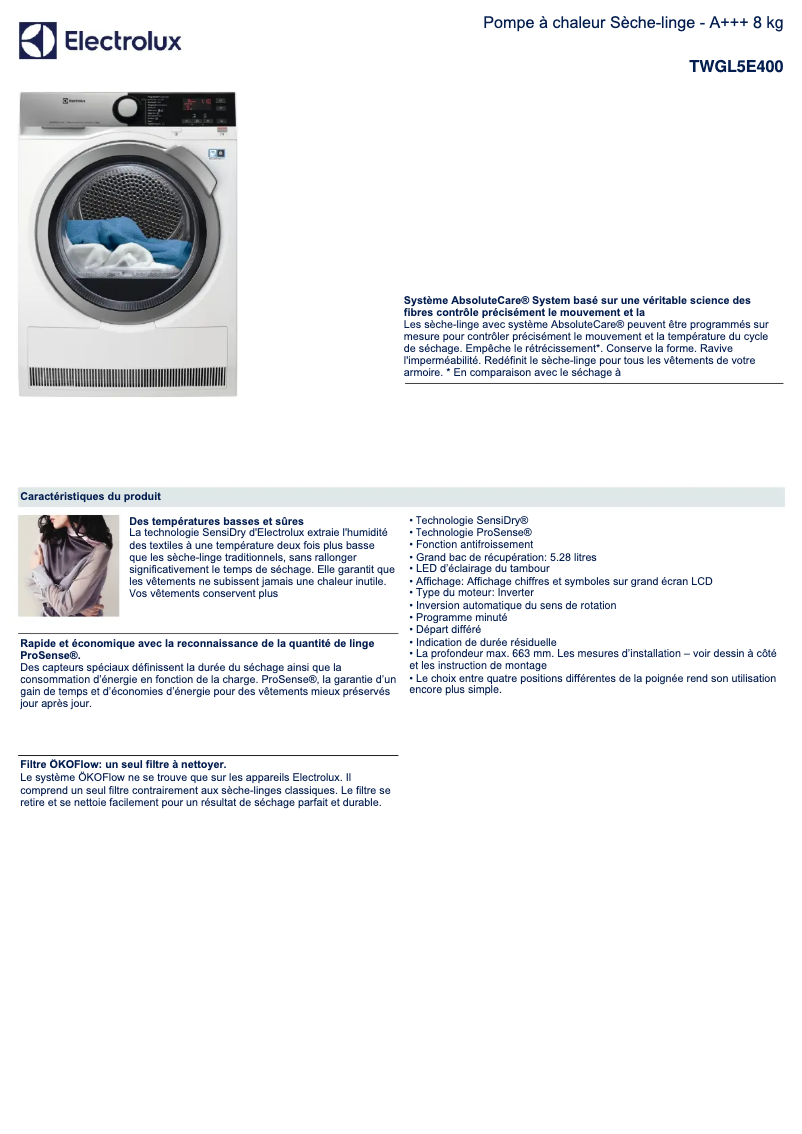 Page 1 de la notice Fiche technique Electrolux TWGL5E400