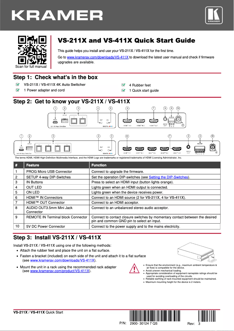 Page n°1 - Guide de démarrage rapide Kramer VS-411X