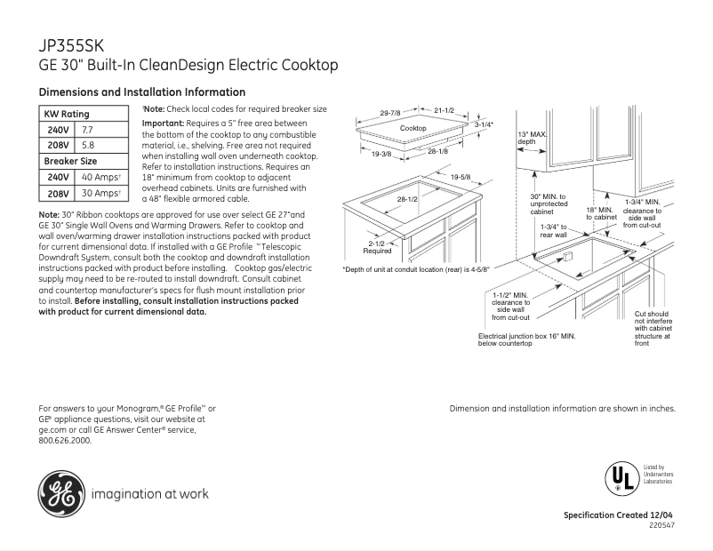 Page 1 of the manual Technical Sheet GE JP355SKSS