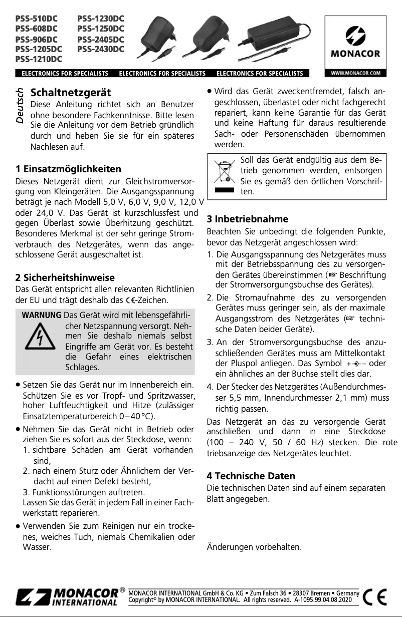 Page 1 de la notice Manuel utilisateur Monacor PSS-906DC