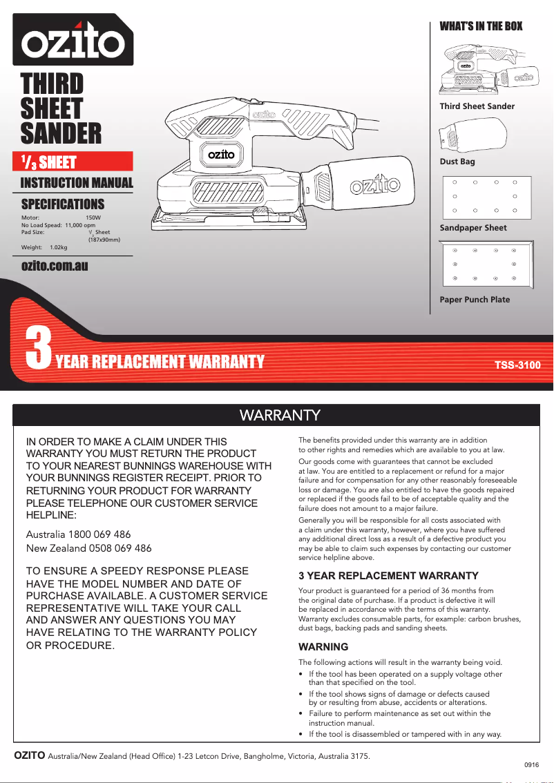 Page 1 de la notice Manuel utilisateur Ozito TSS-3100