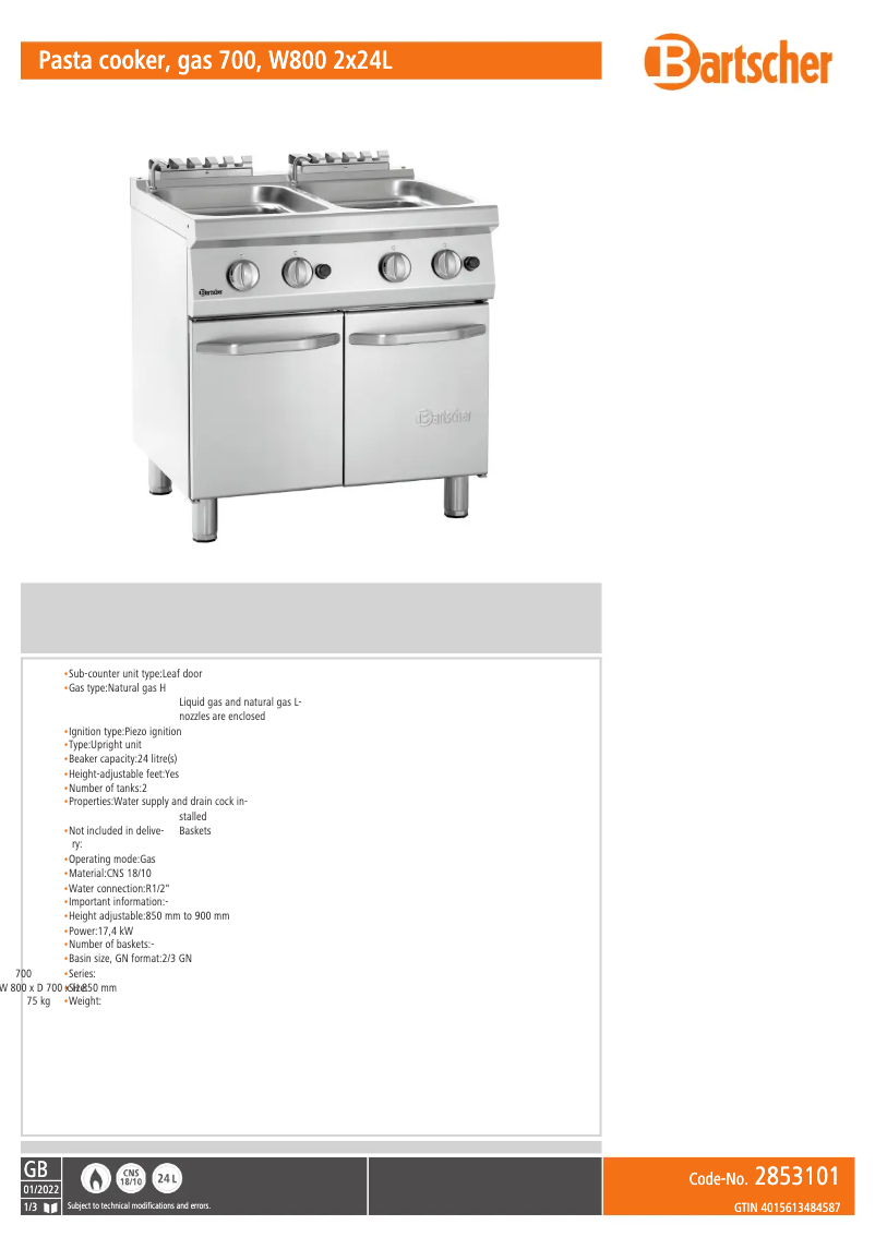 Page 1 de la notice Fiche technique Bartscher 286310