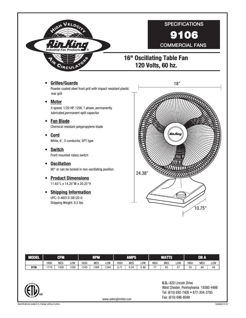 Page n°1 - Fiche technique Air King 9106
