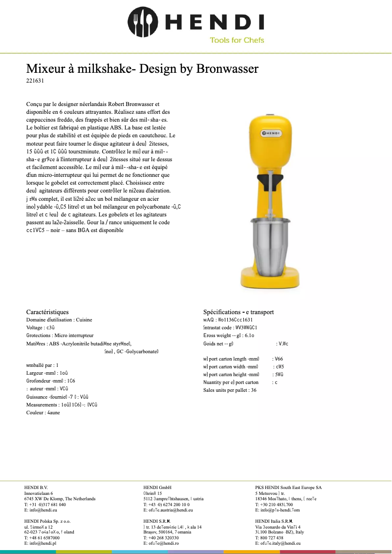 Page 1 de la notice Fiche technique Hendi 221624