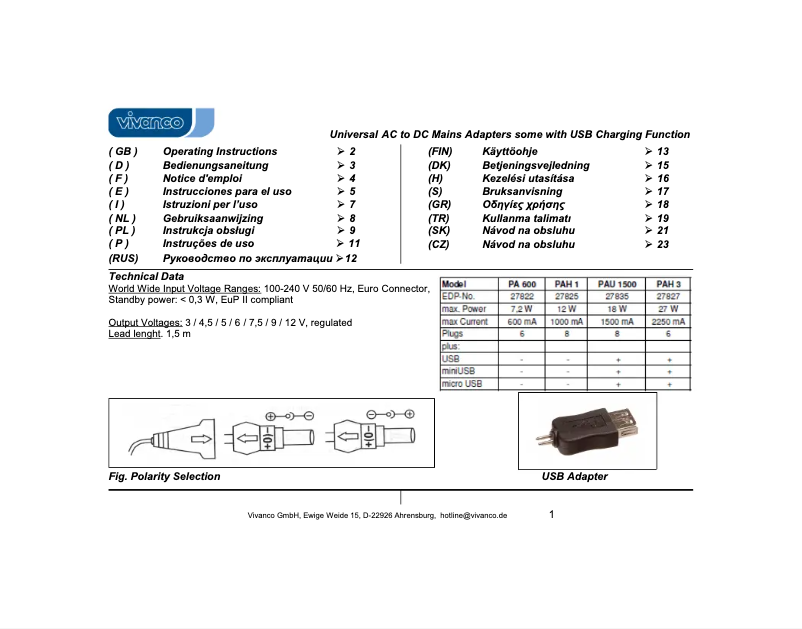 Page 1 de la notice Manuel utilisateur Vivanco PA 600