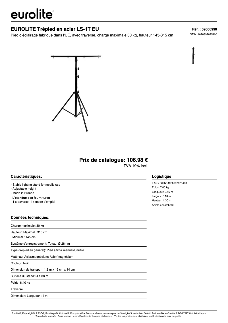 Page n°1 - Fiche technique Eurolite LS-1T EU