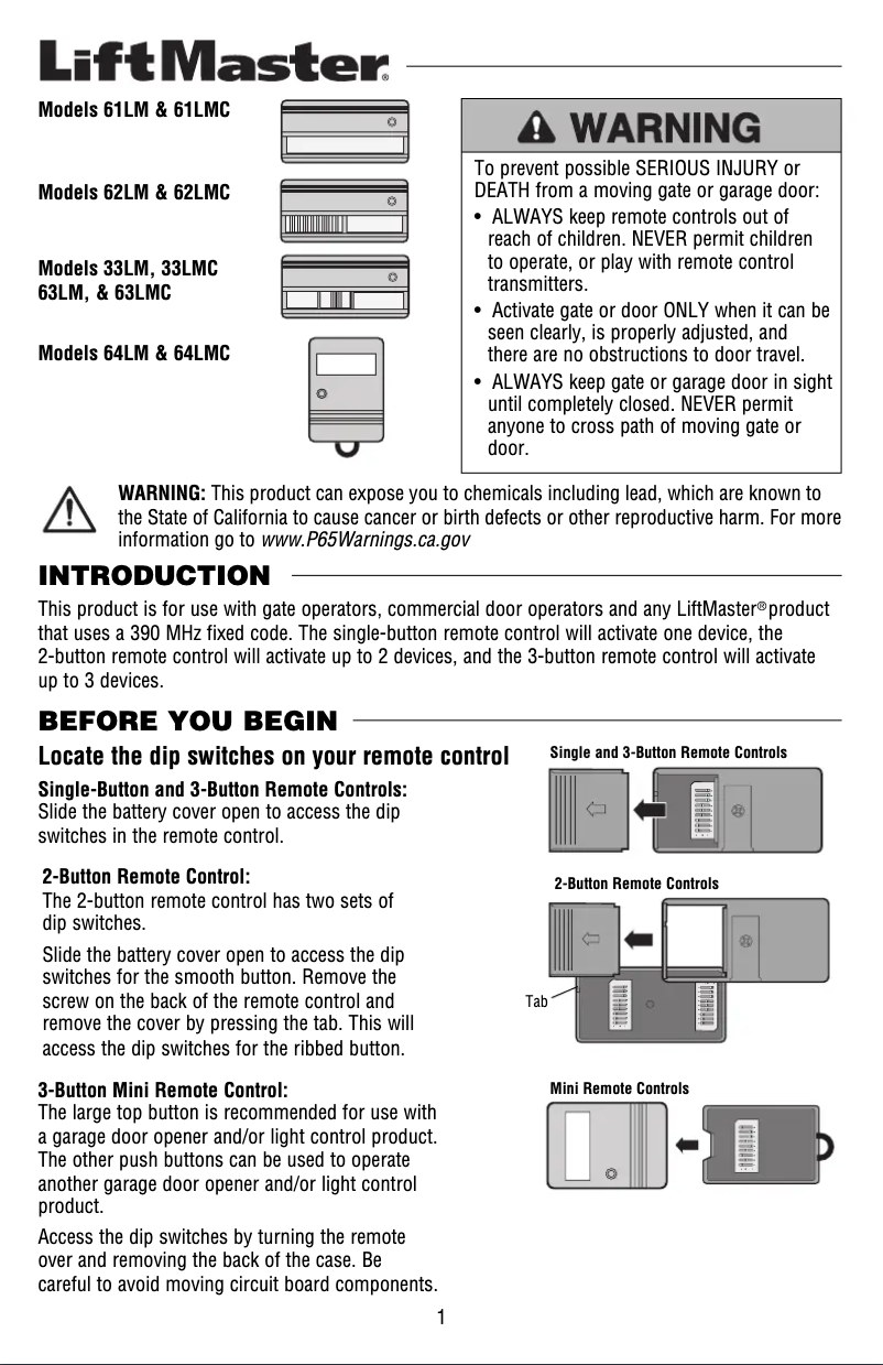 Page n°1 - Manuel utilisateur LiftMaster 771CB