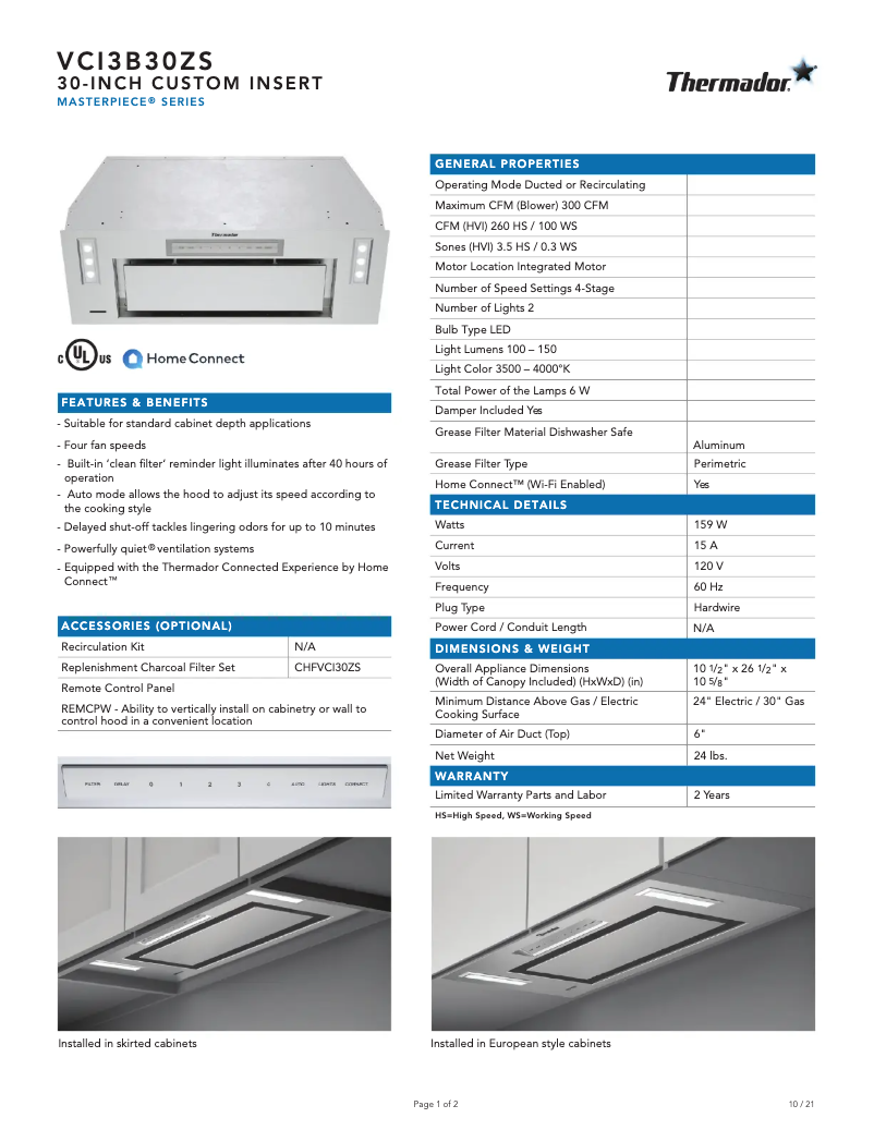 Page 1 de la notice Fiche technique Thermador VCI3B30ZS