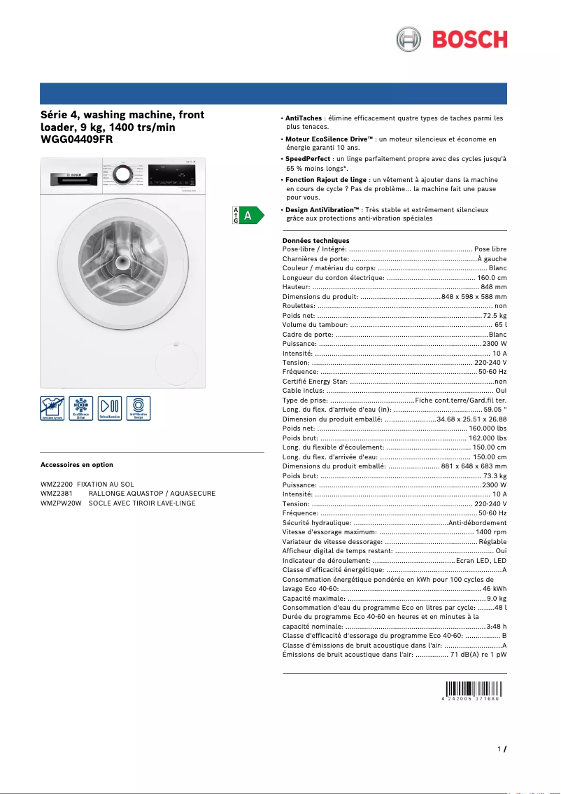 Page n°1 - Fiche technique Bosch Serie 4 WGG04409FR