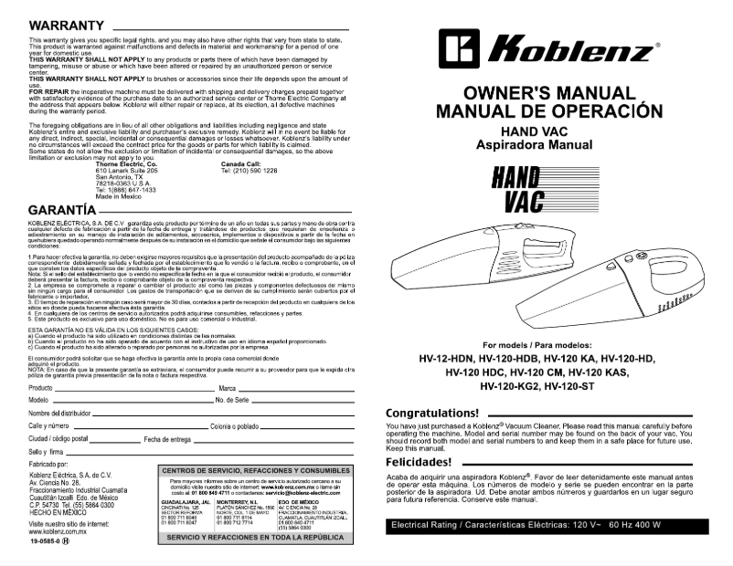 Page 1 de la notice Manuel utilisateur Koblenz HV-120 KA