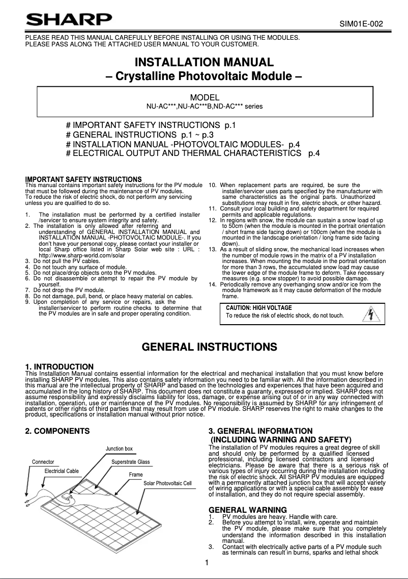 Page n°1 - Manuel utilisateur Sharp NU-AC310