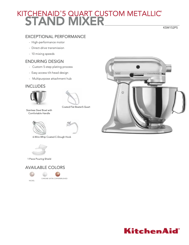 Page n°1 - Fiche technique KitchenAid KSM152PS