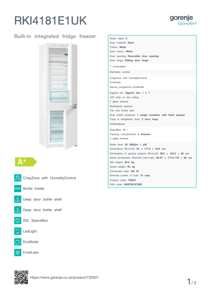 Page n°1 - Fiche technique Gorenje RKI4181E1UK