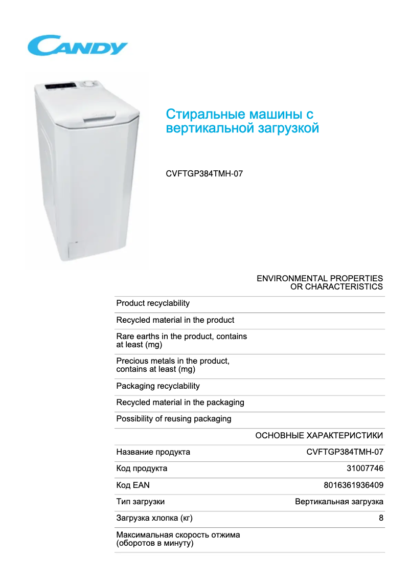 Image de la première page du manuel de l'appareil CVFTGP384TMH-07
