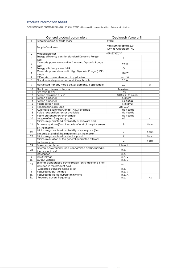 Page 1 de la notice Fiche technique Philips 43PUS7607