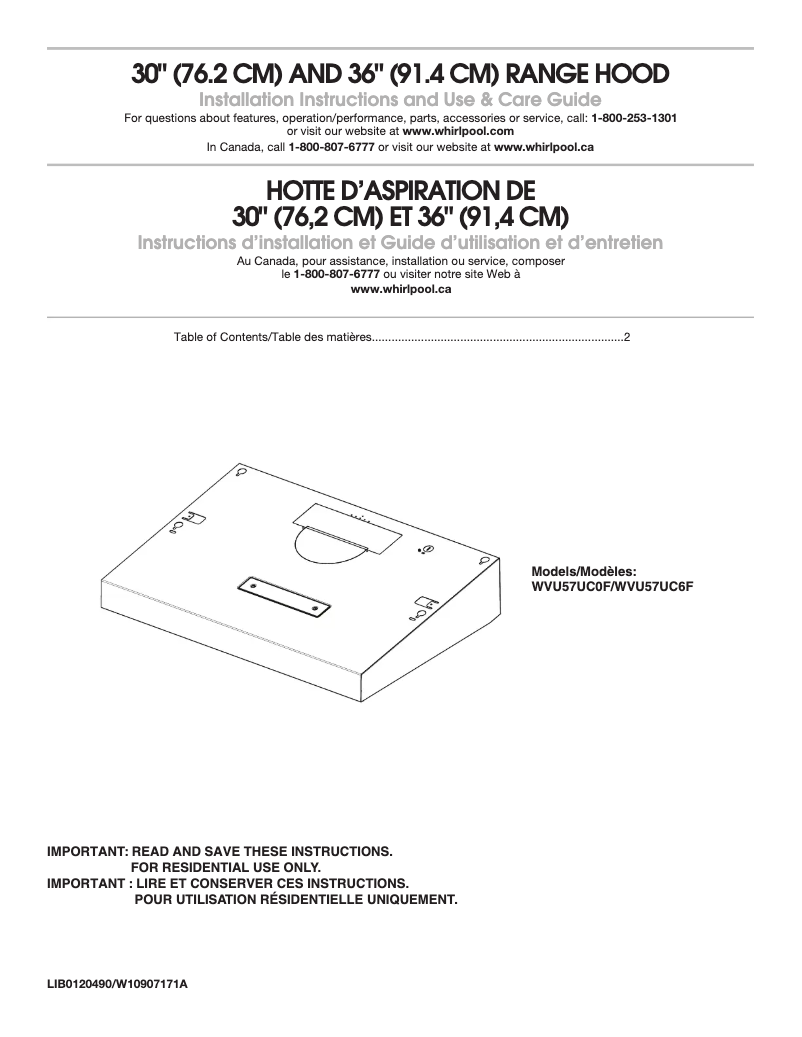 Page 1 de la notice Guide d'installation Whirlpool WVU57UC6FS
