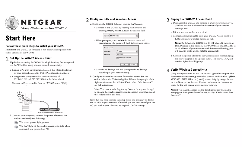 Page 1 de la notice Guide d'installation Netgear WG602v3