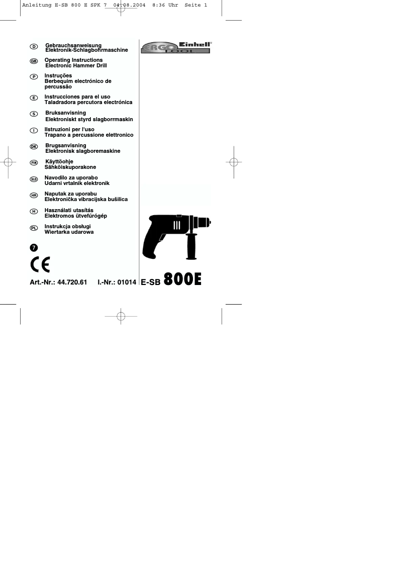 Page 1 de la notice Manuel utilisateur Einhell E-SB 800 E