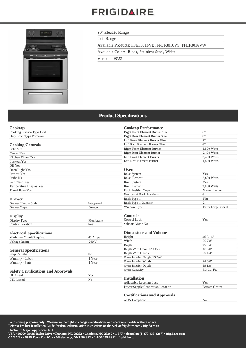 Page 1 de la notice Fiche technique Frigidaire FFEF3016VW