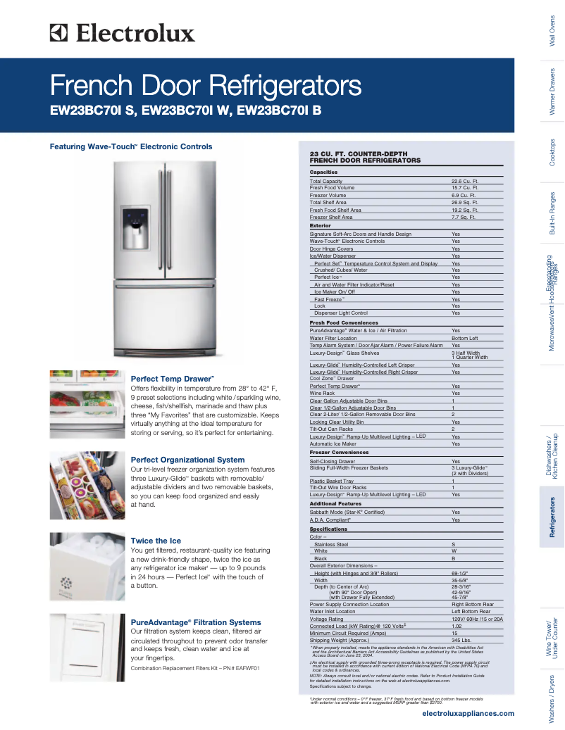 Page 1 de la notice Fiche technique Electrolux EW23BC70IW