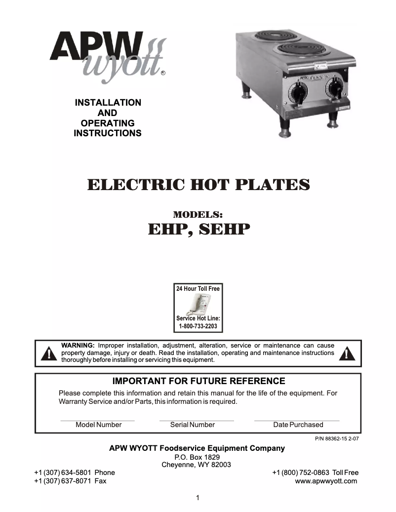 Page 1 de la notice Manuel utilisateur APW Wyott SEHP