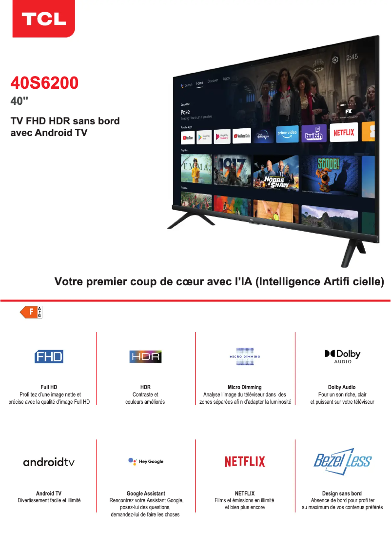 Page 1 de la notice Label énergétique TCL 40S6200
