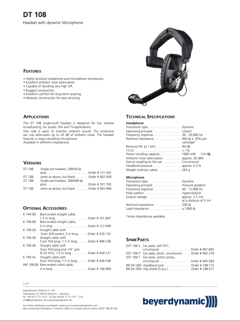 Page n°1 - Fiche technique Beyerdynamic DT 108