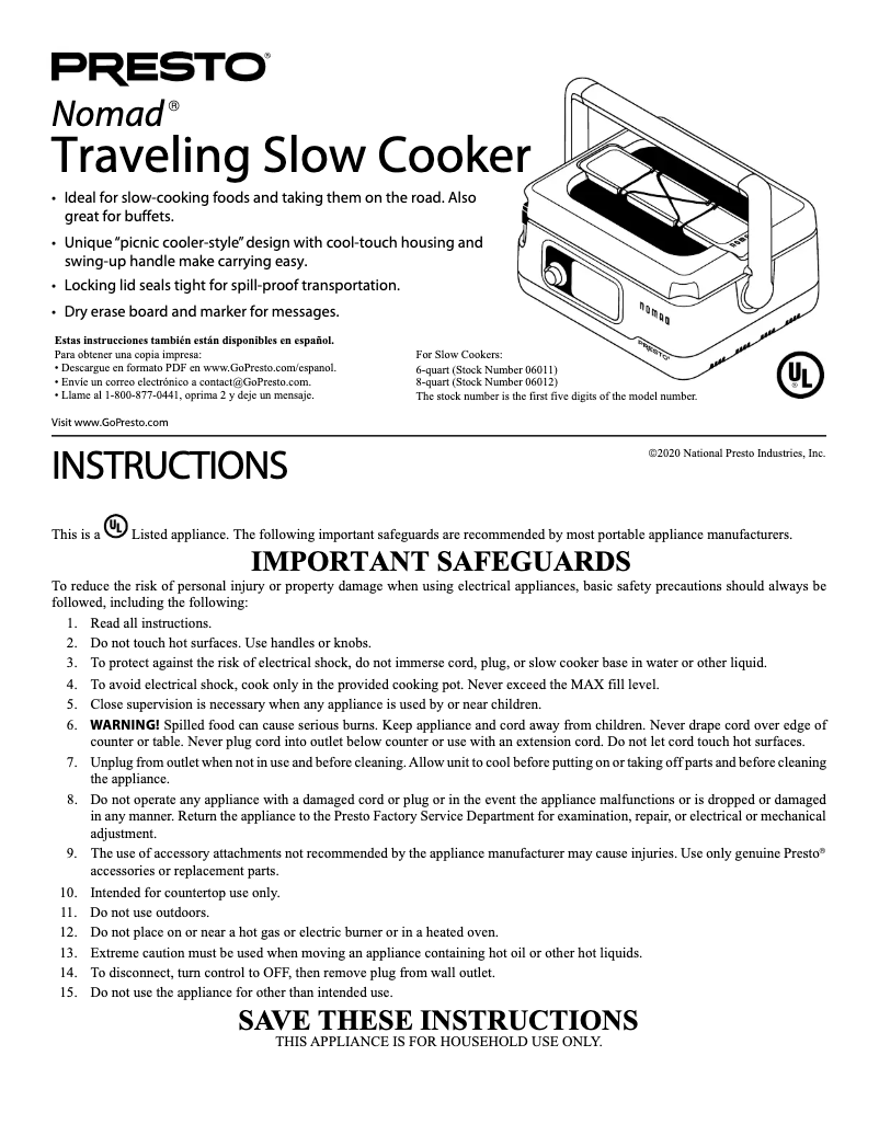Page 1 de la notice Manuel utilisateur Presto Nomad 06011