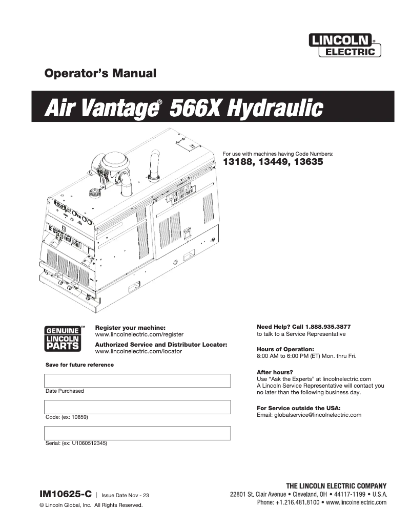 Página 1 del manual Manual de usuario Lincoln Electric Air Vantage 566X Hydraulic