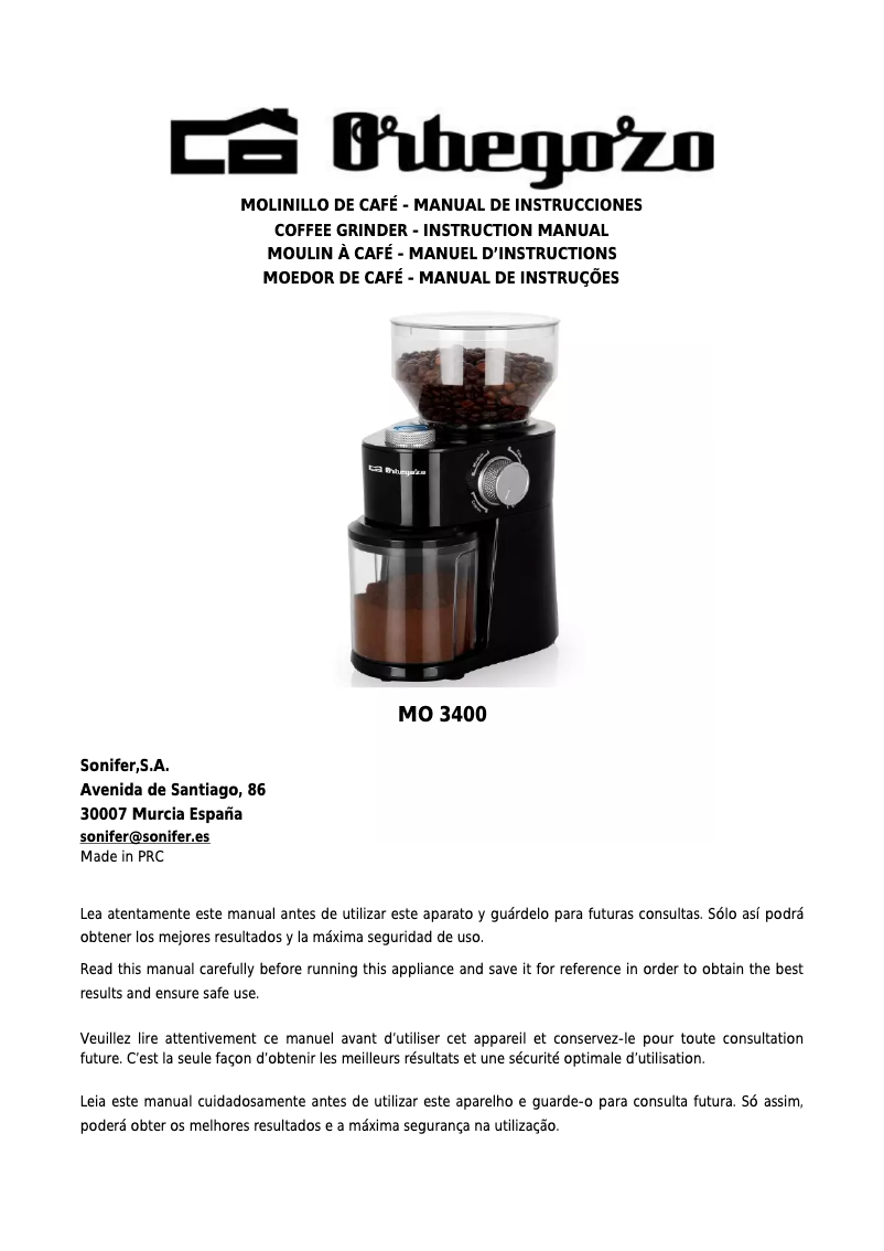 Page 1 de la notice Manuel utilisateur Orbegozo MO 3400