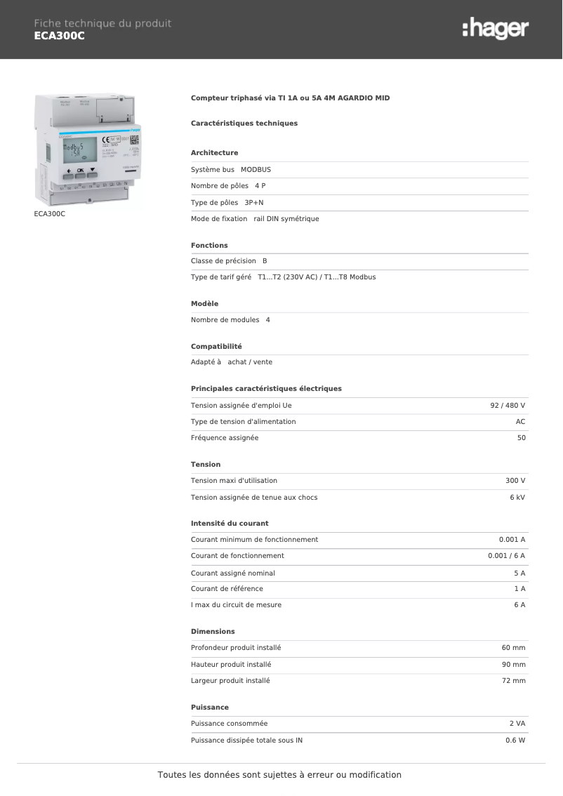 Page n°1 - Fiche technique Hager ECA300C