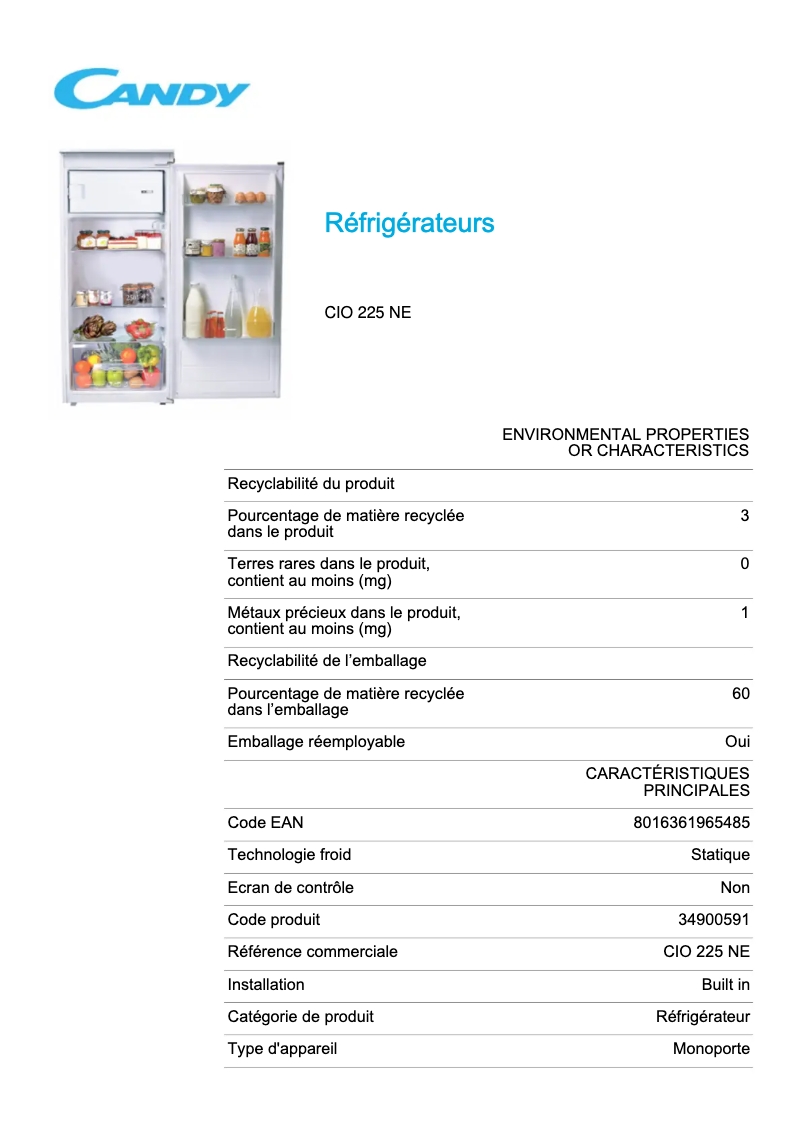 Page 1 de la notice Fiche technique Candy CIO 225 NE