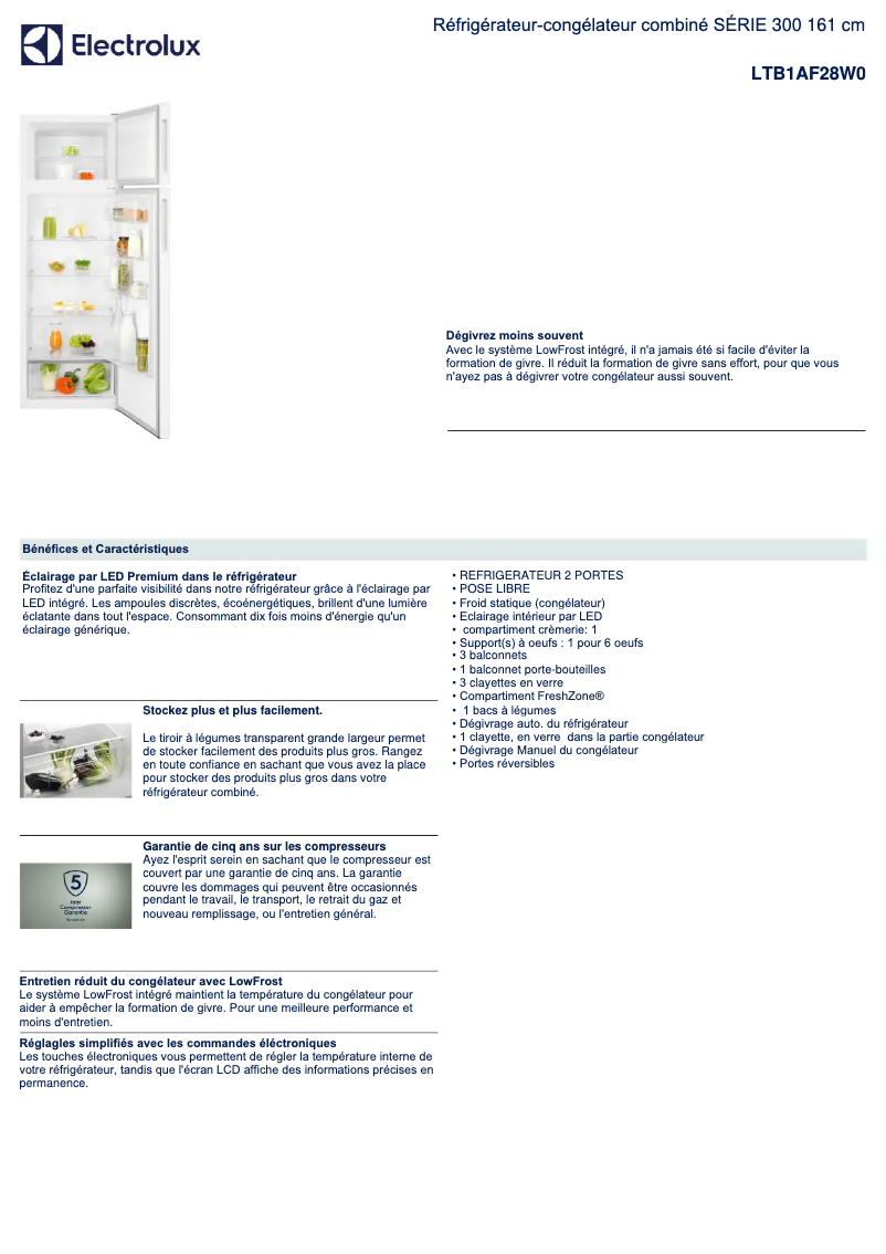 Page 1 de la notice Fiche technique Electrolux LTB1AF28W0