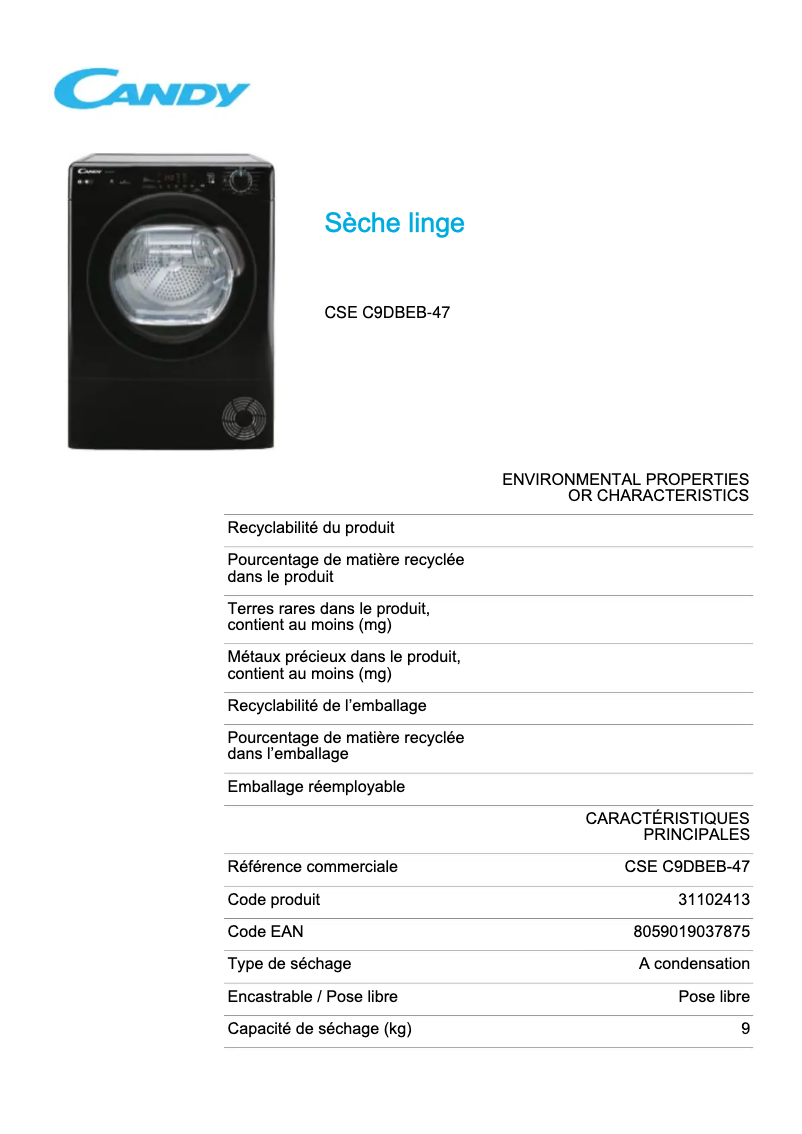 Image de la première page du manuel de l'appareil CSE C9DBEB-47