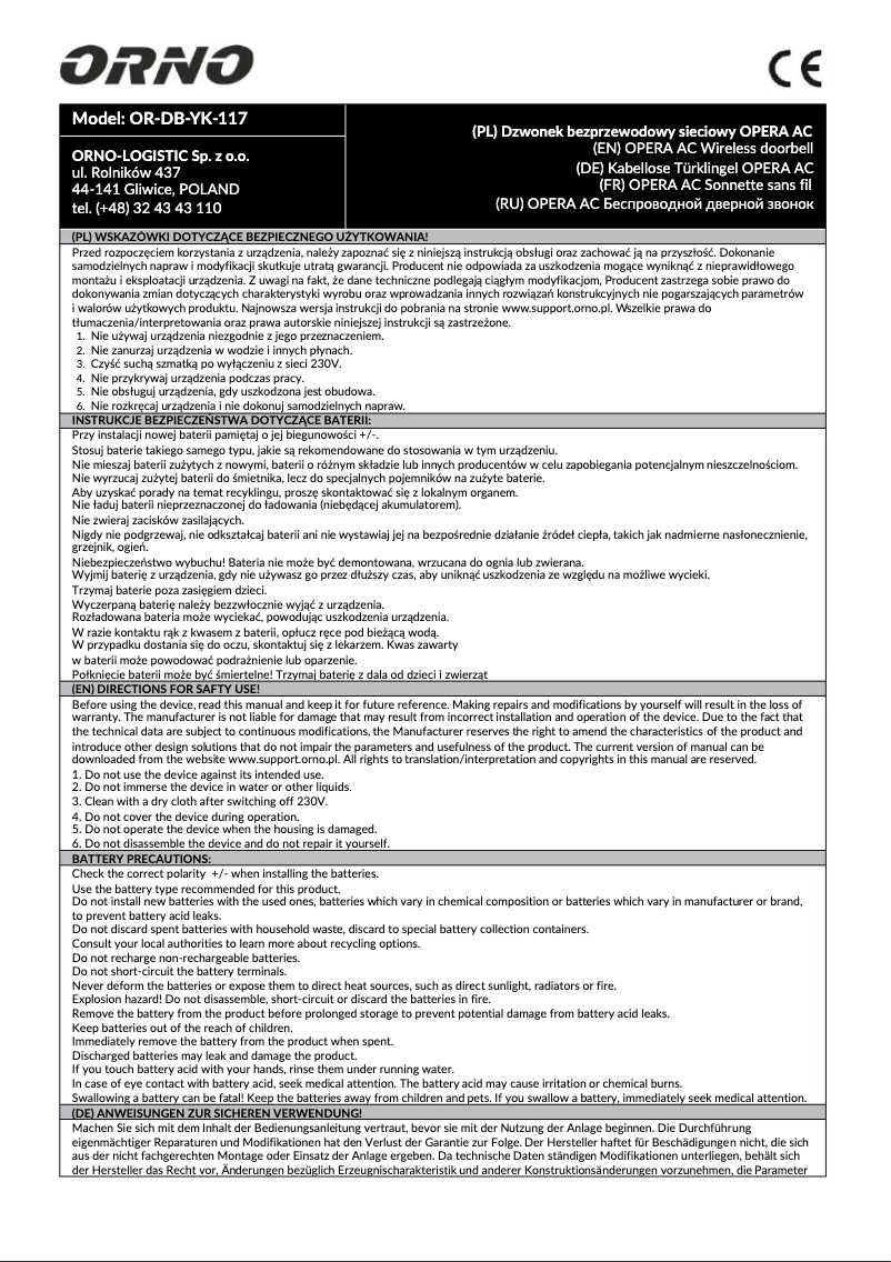 Página 1 del manual Manual de usuario ORNO OR-DB-YK-117