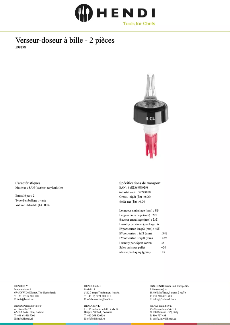 Page 1 de la notice Fiche technique Hendi 599013