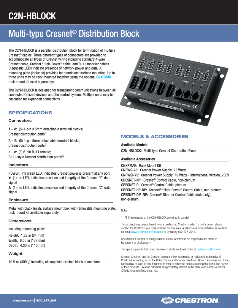 Page 1 de la notice Fiche technique Crestron C2N-HBLOCK