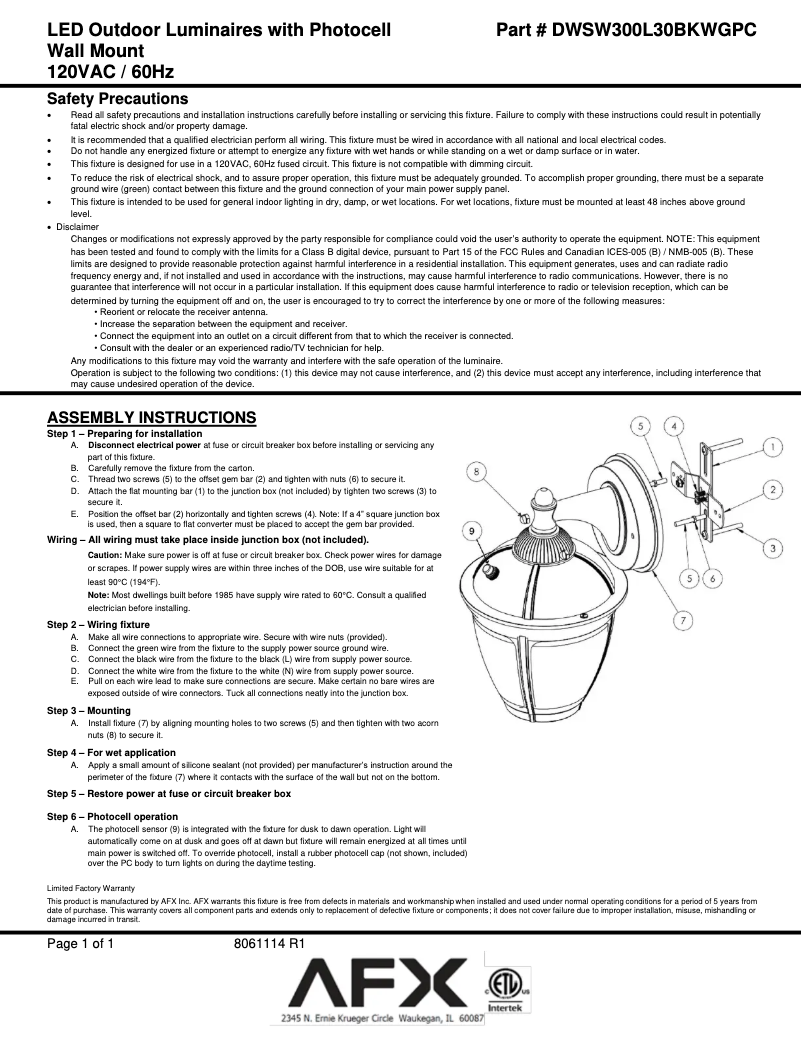 Page n°1 - Manuel utilisateur AFX Dawson DWSW300L30BKWGPC