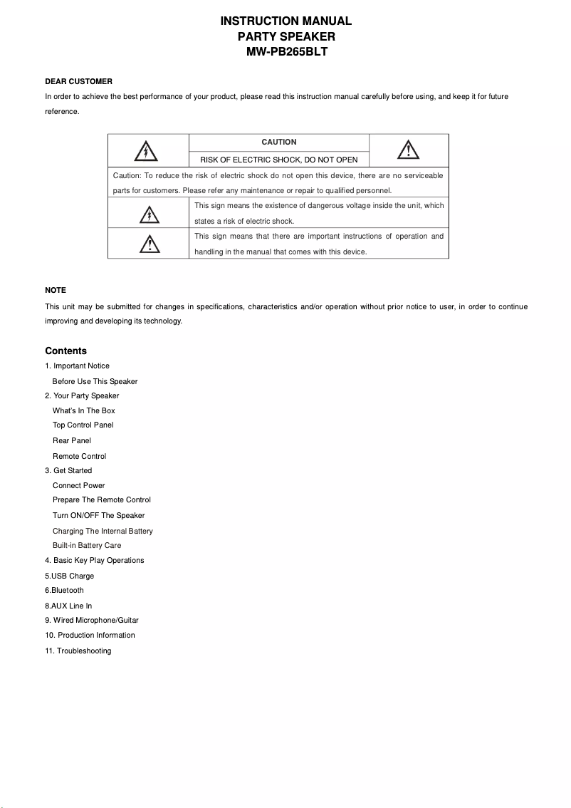 Page 1 de la notice Manuel utilisateur Moonki MW-PB265BLT