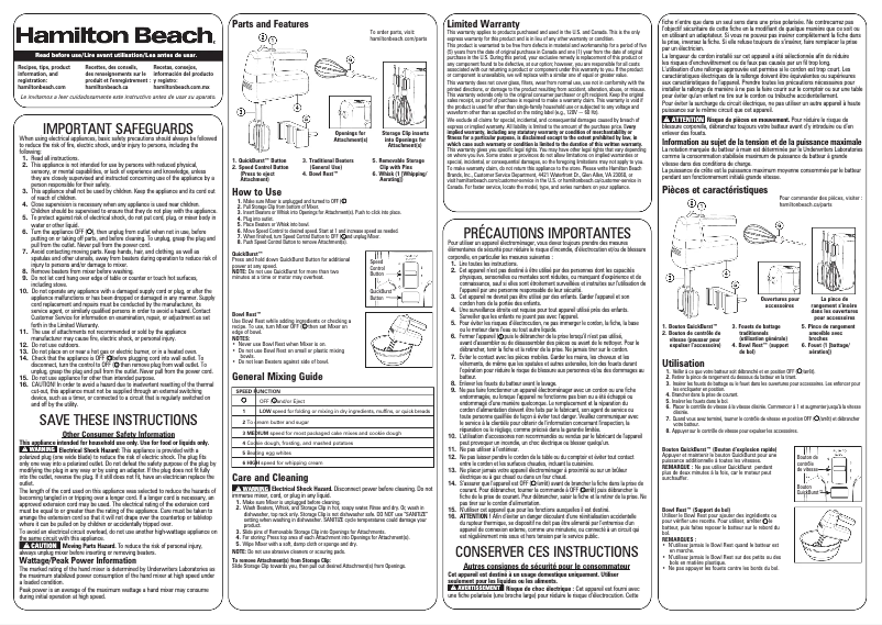 Page n°1 - Manuel utilisateur Hamilton Beach 62628
