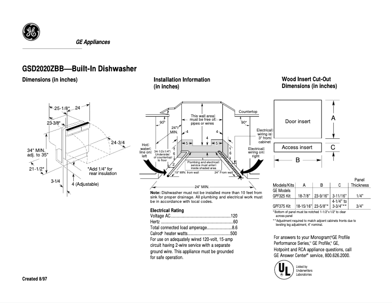 Page 1 de la notice Fiche technique GE GSD2020ZBB