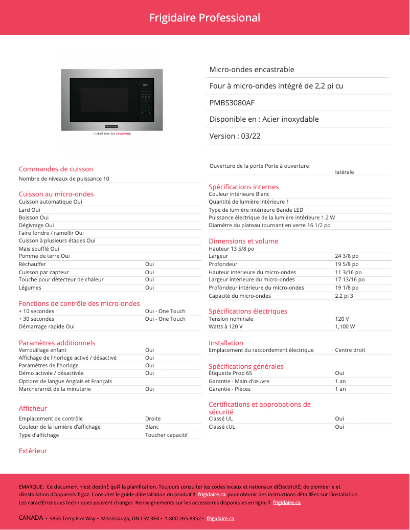 Page 1 de la notice Fiche technique Frigidaire PMBS3080AF