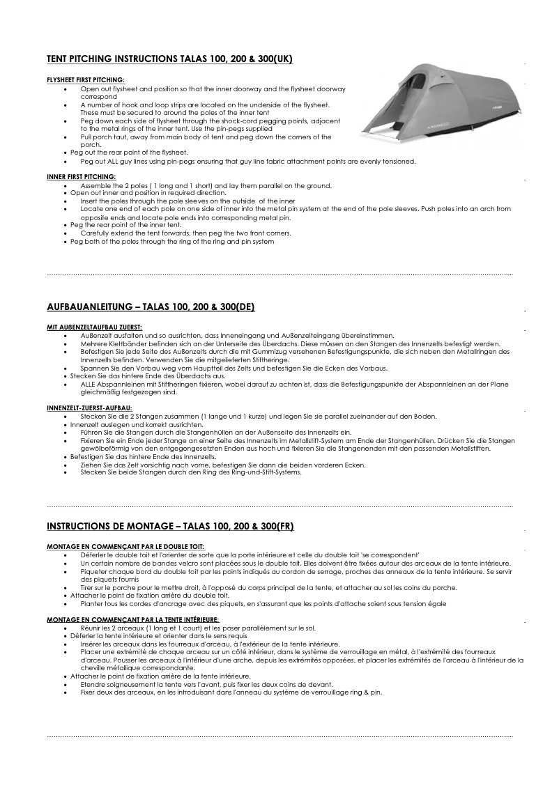 Page 1 de la notice Manuel utilisateur Vango Talas 200