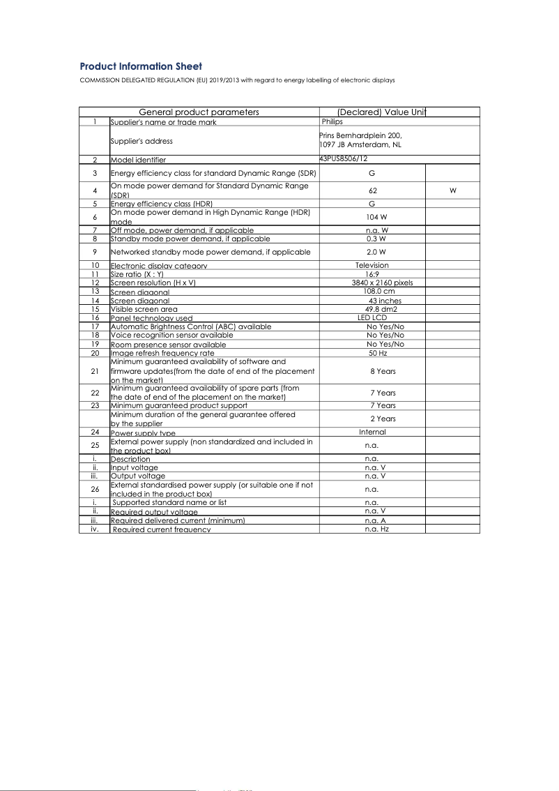 Page 1 de la notice Fiche technique Philips 43PUS8506
