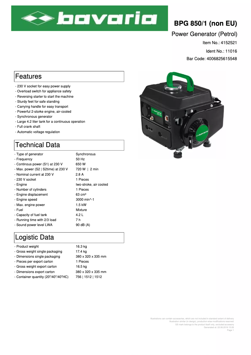 Página 1 del manual Ficha técnica Bavaria BPG 850/1