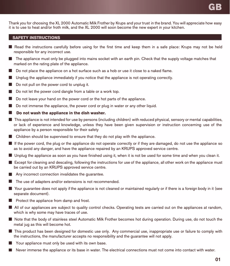 Page 1 de la notice Manuel utilisateur Krups Asocino XL2004E