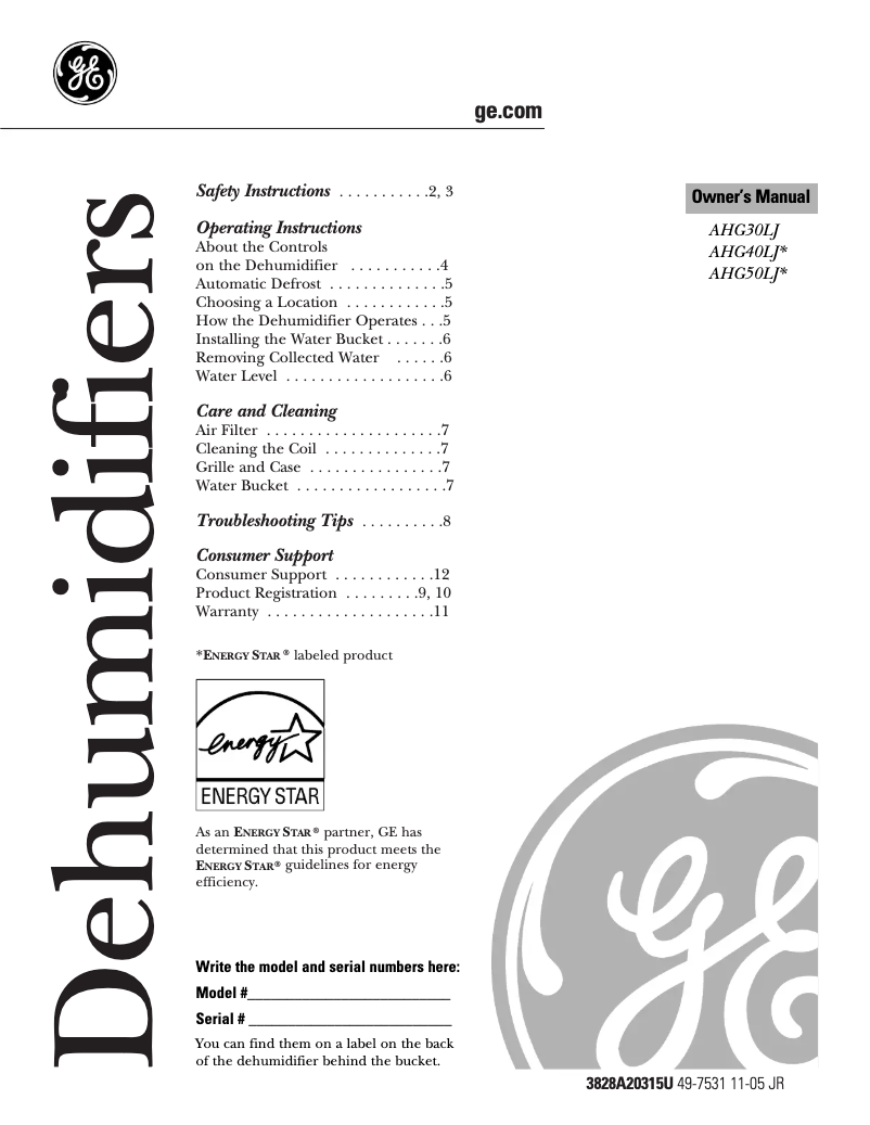 Page 1 de la notice Manuel d'utilisation et d'entretien GE AHG40LE