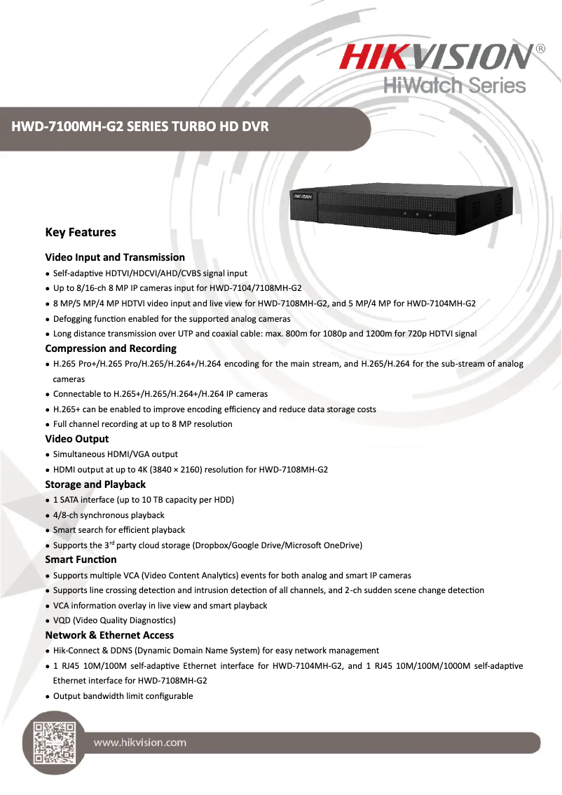 Page 1 de la notice Fiche technique Hikvision HWD-7104MH-G2