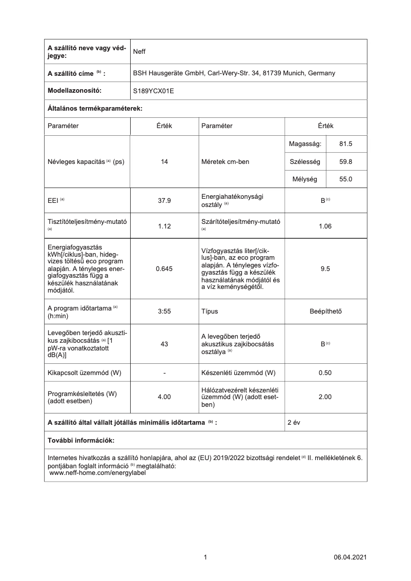 Página 1 del manual Etiqueta energética Neff S189YCX01E