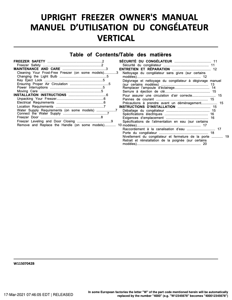 Page 1 of the manual Installation Guide Whirlpool WZF79R20D